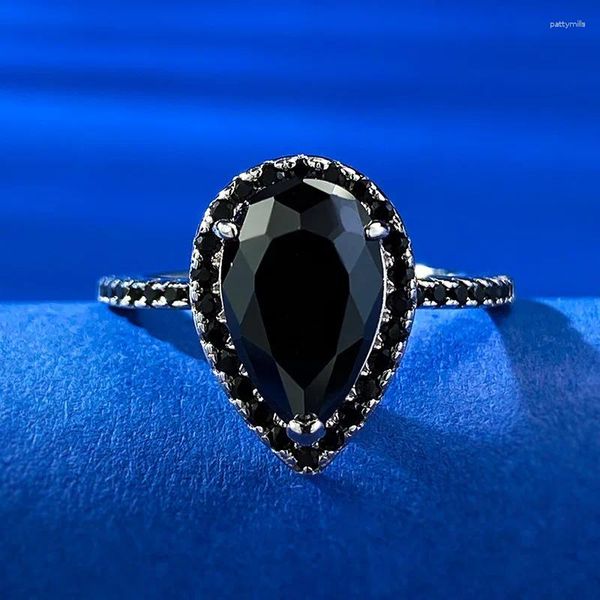 Bagues de cluster SpringLady 925 Sterling Silver 7 11 mm Poire Cut Lab Saphir Noir Haute Carbone Diamant Gemstone Femmes Bague Bijoux