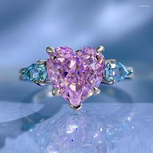 Anillos de racimo SpringLady Luxury 925 Sterling Silver Love Heart 8 mm Pink Sapphire Gemstone Anillo de compromiso de boda Joyería fina para mujeres