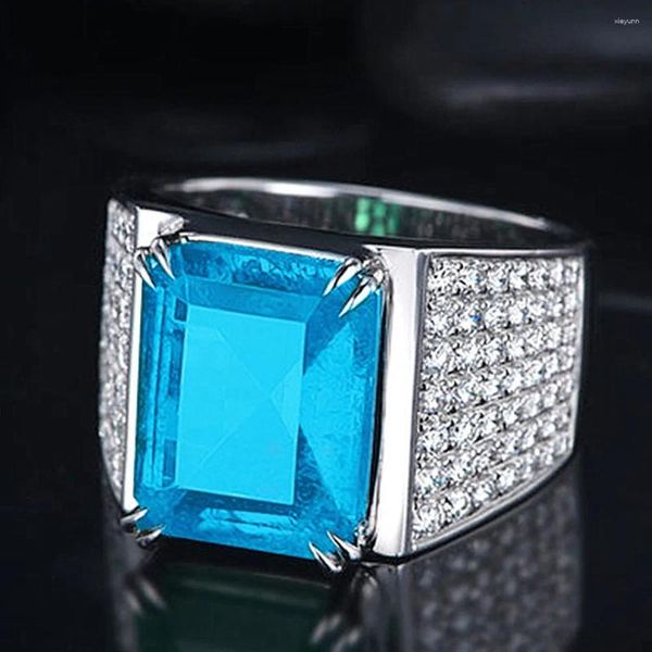 Anillos de racimo Cuadrado Azul Topacio Aguamarina Piedras preciosas Circón Diamantes Cristal Grande para hombres Color oro blanco Bague Bandas de dedo Joyería