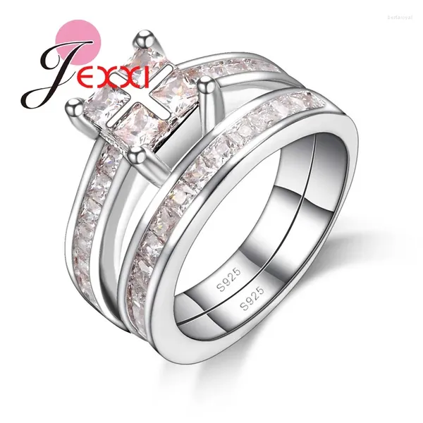 Cluster Anneaux Square Cut Cz Crystal Design Women Girl Girl Charm Band Set 2pcs Champagne Cubic Zirconia 925 Sterling Silver