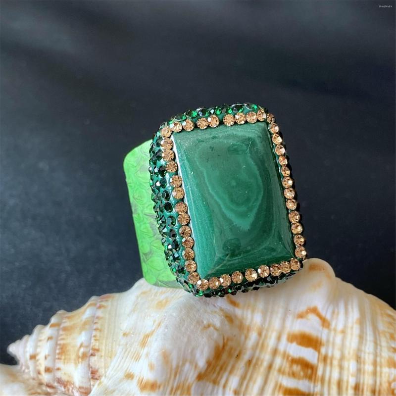 Cluster Rings Square Malachite Rhinestone Trim Leather Adjustable Ring For Women Noble Fashion Luxury Refined Temperament Jewelry