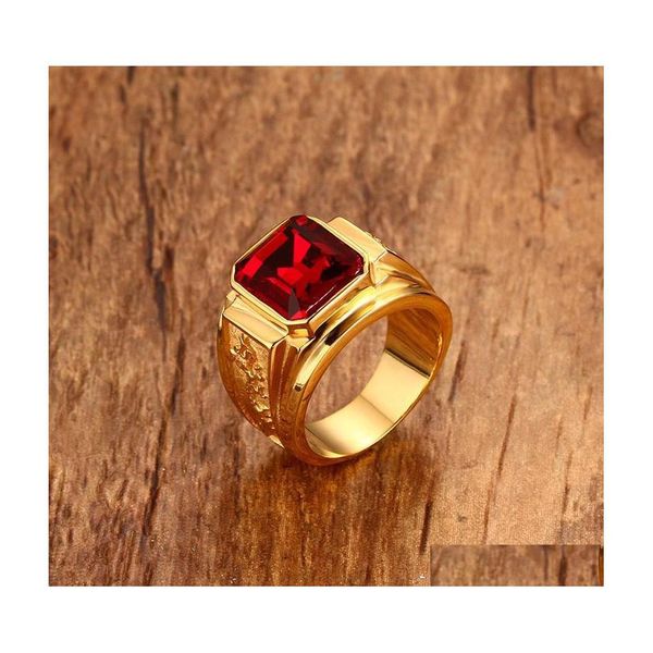 Bagues de cluster carré rouge pierre hiphop hommes bague en acier inoxydable doré graver dragon bijoux pour hommes livraison directe Dhu47