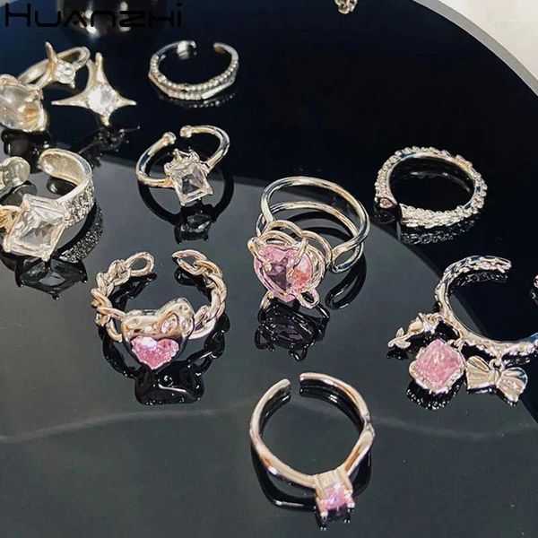 Anillos de racimo Cuadrado Transparente Zircon Cadena de arco Metal Hueco Estrella Rosa Rhinestone Amor Corazón para mujeres Chica Joyería de fiesta 2024