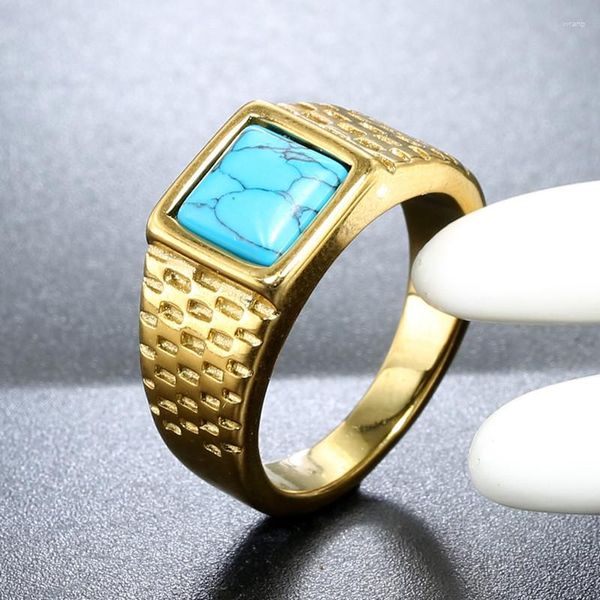 Bagues de Grappe Carré Turquoise Pierres Précieuses Bague 18k Or Jaune Rempli Titane Acier Inoxydable Pour Hommes Masculin Cool Bandes Accessoires