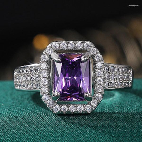 Cluster Anneaux Carré De Mariage Argent Couleur Anneau Violet Topaze Améthyste Mode Tempérament Romantique Femme Bijoux Fille Cadeau