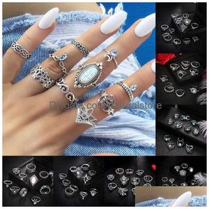 Cluster Rings Stacking Ring Set Retro Midi Knuckle Crown Lotu Leaf Star Elephant Moon Charm For Women Fashion Jewelry Gift Will And Dr Dhkdo