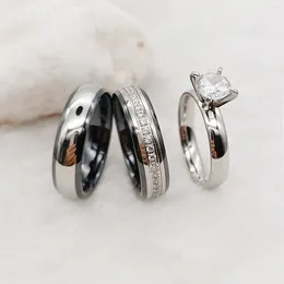 Clusterringen roestvrij staal verlovingsbruidsset voor mannen en vrouwen tweekleurig zwart keramiek zilver titanium paren bruiloft geen vervaging