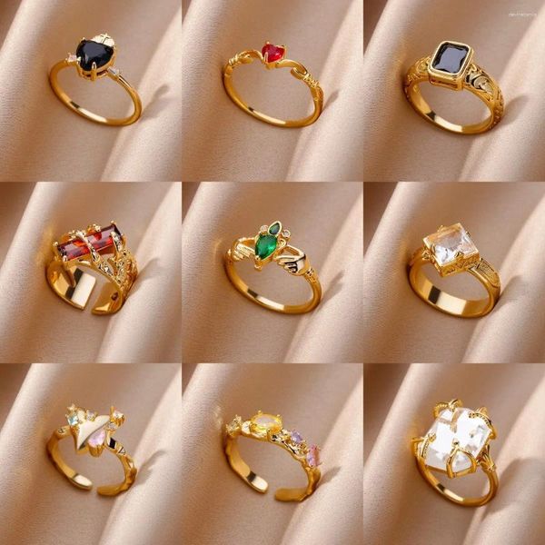 Bagues de cluster en acier inoxydable pour femmes Zircon Bague Vintage Gold Couleur Electroplaqué Bijoux Accessoires Bas Prix En gros réglable