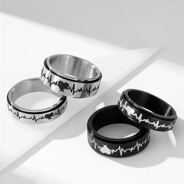 Anillos de racimo de acero inoxidable Heartbeat Spinner Pareja Anillo de boda para mujeres Hombres Tamaño 5-12