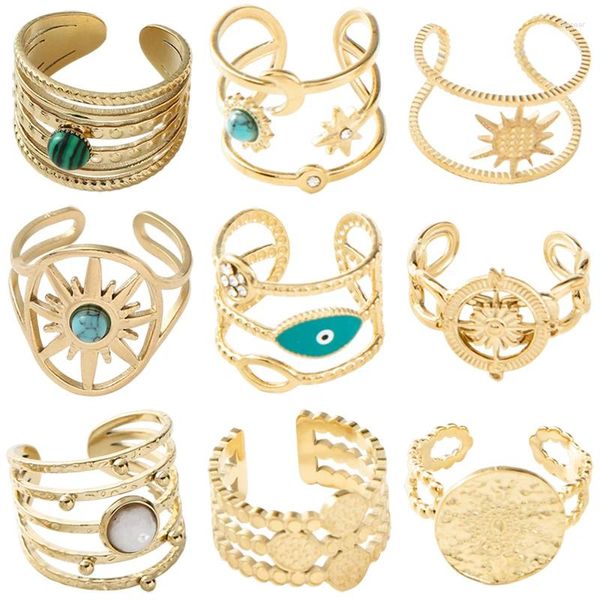 Anillos de racimo Acero inoxidable Piedra natural Ojos azules malvados para mujeres Girasol Luna Estrella Anillos de dedo ajustables Mujer al por mayor