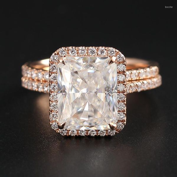 Ensemble de bagues de fiançailles en or rose massif 9/10/14 / 18 carats pour fête d'anniversaire de mariage 2ct Radiant D VVS Moissanite pour femme