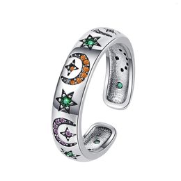 Cluster Rings Star en Moon Magen David Sterling Silver 925 Open Ring met kleurrijke zirkoon Joodse jodendom Style Vintage Fashion Jewelry