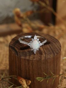 Cluster ringen Sterling 925 Silver Girl's Ring met witte opaal en zirkoondecoratie eenvoudige frisse stijl voor dagelijks of feest
