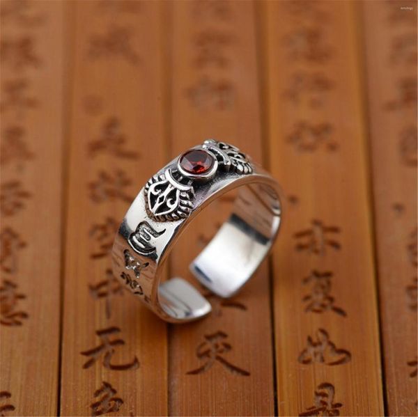 Anillos de racimo Plata esterlina 925 Dorje Vajra Anillo abierto con piedra de circón rojo OM Mani Padmei Hum Hinduismo Budismo Joyería de estilo religioso