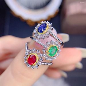 Cluster Anneaux Sterling Silver 925 Anneau de fiançailles Ruby Sapphire Emerald Ladies Luxury Natural Jewelry Wedding Gift