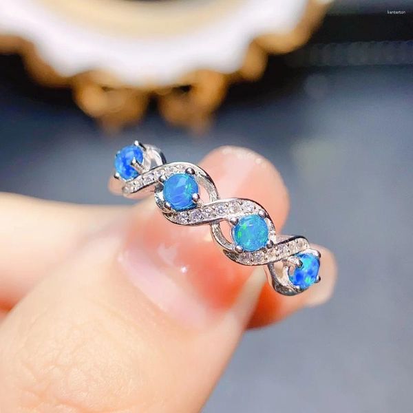 Bagues de cluster Sterling Silver Blue Opal Ring Fire Gemstone 925 Promesse de fiançailles Cadeau d'anniversaire unique