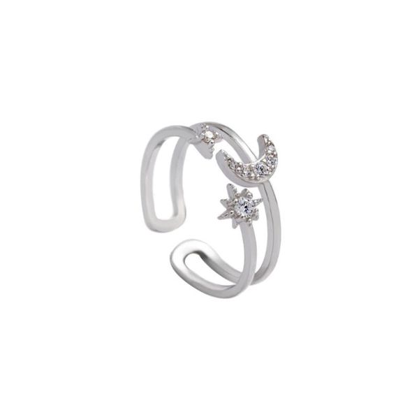 Bagues de cluster en argent sterling double couche étoilé clair de lune bague ouverte exquise CZ Zircon lune étoiles or blanc S925 femmes bague de mariageClust