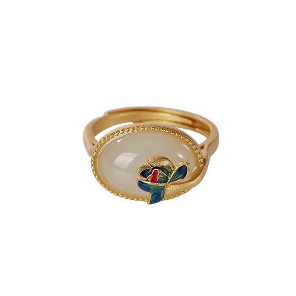 Anillos de racimo Plata de ley Chapado en oro Cloisonne Hetian Jade Lotus Anillo Retro Tendencia nacional Anillo de apertura para mujer