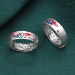 Clusterringen Sterling Silver Ring 999 Koi Fuyu Small Fish Retro Color Epoxy Craft Jewelry
