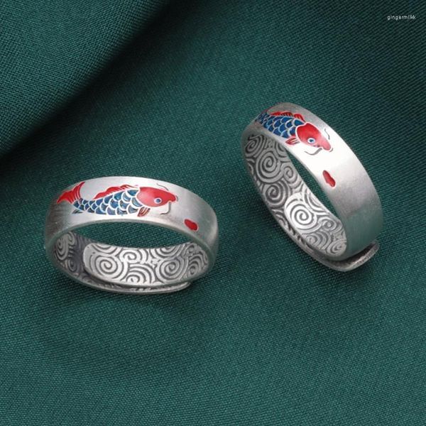 Anillos de racimo anillo de plata esterlina 999 koi fuyu pescado pequeño color retro epoxi joyería