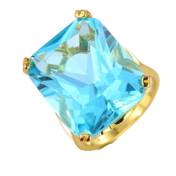 Anillos de racimo Impresionante anillo de cóctel solitario de piedra rectangular azul chapado en oro de 18 quilates de 0.71x0.87 pulgadas