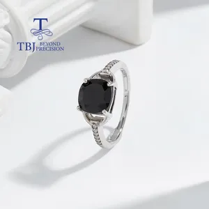 Cluster Anneaux Silver Ring pour les femmes Natural Big Black Spinel Cushion 8 mm août Birthstone Bijoux Classic Mariage Datation Gift