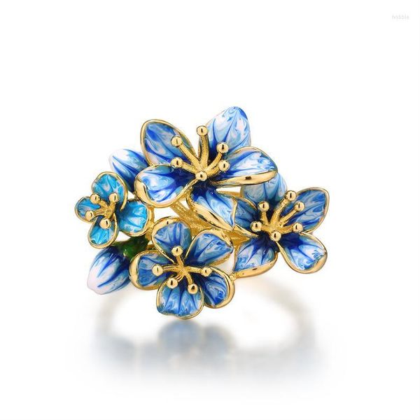 Anillos de racimo estilo damas boda banda anillo Luxuey Color oro nupcial azul esmalte flor para mujeres Bohemia joyería regalo