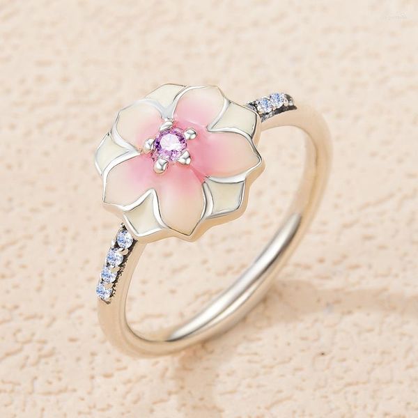 Cluster Anneaux Stylever Exquis Étincelant Zircon Rose Fleur De Magnolia Pour Les Femmes Cadeau 925 Bague En Argent Sterling À La Mode Bijoux De Fiançailles