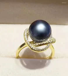 Anneaux de cluster Suberb 11-12mm véritable noir parfait rond perle anneau taille réglable femmes bijoux cadeau de fête de mariage 925 argent sterling