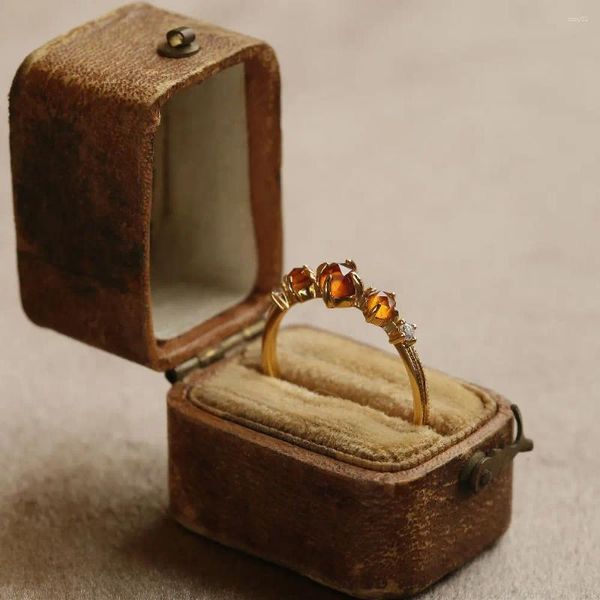 Anneaux de cluster Sun Amber Ring Dainty Orange Naturel Garnet Vintage Japonais Gemstone Bijoux Cadeau réglable quotidien pour elle