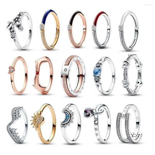 Anillos de racimo Sol y luna Anillo de amor brillante para original con logotipo S925 Pareja Charm Joyería de plata esterlina para mujer