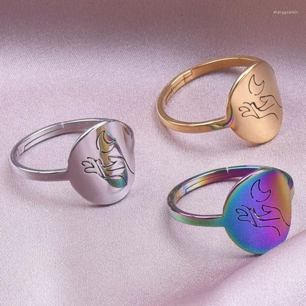 Bagues de cluster Sun Moon Main Round Coin Bague pour femmes en acier inoxydable plaqué or minimaliste graver doigt anniversaire bijoux cadeau anillos