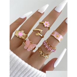 Cluster anneaux Sweet 7pcs Set for Women Girls Fashion Butterfly Star Flower Ring Gift 2024 Femme Bijoux Party Girl Drop Deliv Dhoq5