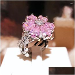 Cluster anneaux doux rose cubique zircon coeur diamant fleur fleurie bling déclaration amour anneau blanc gold plaqué couple engagement drop de dhkqh