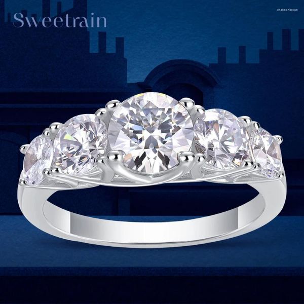 Anillos de racimo Sweetrain 585 Anillo de oro de 18 km de oro 6.5 mm Moissanite para mujeres 925 Sterling Silver 1.0ct Diamond Bedding Band Band Band