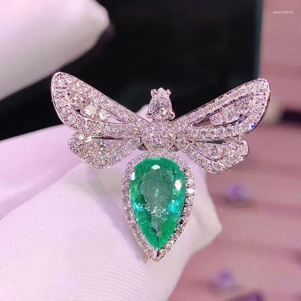 Cluster anneaux Temperrament Butfly Emerald Color Ring Big Bling Zircon Dragonfly avec 925 timbres