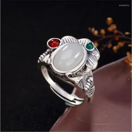 Bagues de cluster Tempérament Ovale Jade Plum Blossom Bague Femme Doigt Accessoires Rétro 925 Sterling Silver Index Lady Bijoux Réglable