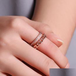 Bagues de cluster Tempérament Rose Gold Diamond Double couche Bague de chaîne pour femmes Mode Ouverture réglable Engagement Drop Livraison Dhl8G