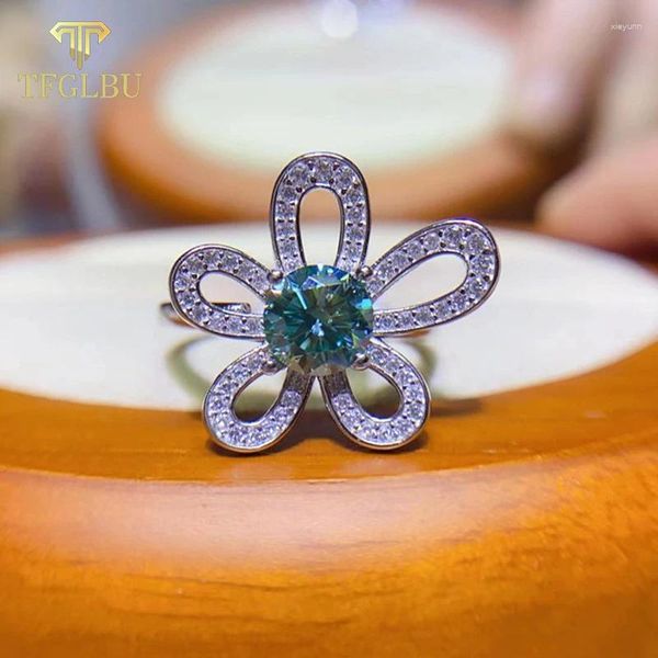 Anillos de racimo TFGLBU 1CT Moissanite verde 925 Anillo de astilla esterlina para mujeres Laboratorio Creado Diamante Flor Banda Joyería de lujo original