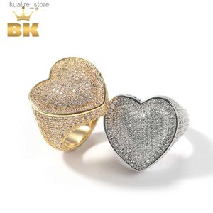 Clusterringen THE BLING KING Big Heart Ring Full Micro Paved Iced Out Bling Zirconia HipHop Ring Delicate Punk Sieraden voor mannen en vrouwen L240315