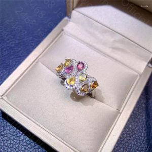 Anneaux de cluster L'anneau de tourmaline de couleur naturelle 925 argent incrusté de pierre atmosphère luxueuse pour femme