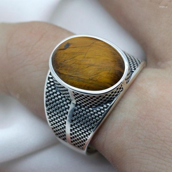 Bagues de cluster Tiger Eyes Stone pour hommes Bijoux Cadeau 925 Sterling Silver Big Natural Vintage Punk Ring Thai Turkish Male