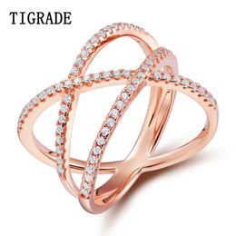 Bagues de cluster TIGRADE Luxe Argent Rose Or Croix Zircone Cubique Bague Femmes 925 Sterling Eternity Wedding Band Femme Bijoux