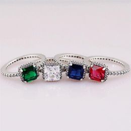 Anillos de racimo Anillo de elegancia atemporal para mujeres auténticas S925 Sterling Silver Lady Jewelry Girl Gift Genen Green Verdadero Cristal azul CZ