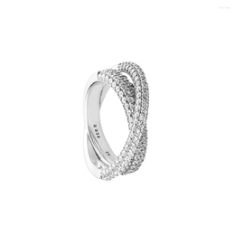 Anillos de racimo Timeless Pave Crossover Anillo de doble banda Genuino 925 Plata esterlina Compromiso Declaración de boda Joyería Mujeres Anillos