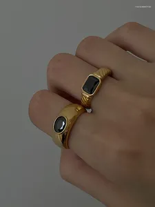 Clusterringen Titanium met 18 K goud Retro zwarte stenen ring Damessieraden Stuning Designer T Show Club Cocktail Party Zeldzaam Japan Koreaans