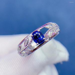 Cluster Rings TM Solid 18K White Gold Nature Unheat 0.8ct Blue Sapphire Diamonds Female Anniversary Gift Fine