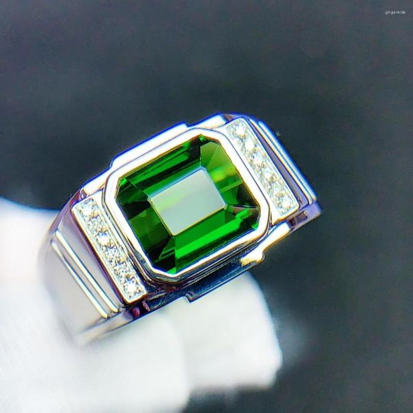 Bagues de grappe TM512 Bijoux fins Or 18 carats Tourmaline verte naturelle Pierres précieuses Diamants 3,6 ct Mariage masculin Homme