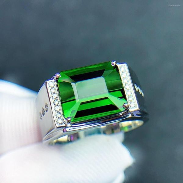 Bagues de cluster TM512 Fine Bijoux 18K Or Naturel Tourmaline Verte Pierres Précieuses 7.0ct Diamants Mariage Homme Homme