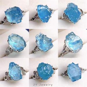 Bagues de cluster Top Natural Ocean Blue Aquamarine Stone Bague pour femme Lady Man Cadeau Perles de cristal Argent Gemstone Bijoux réglables